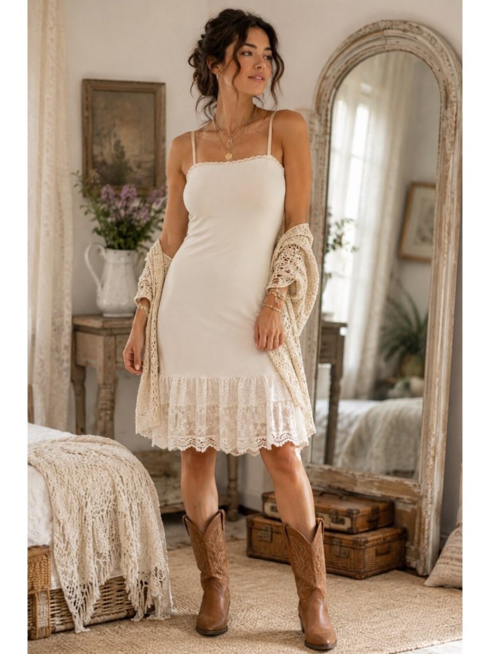 Matilda Jane Ivory Lace Hem Slip Dress Womens Small Cottagecore Layering Adjusta